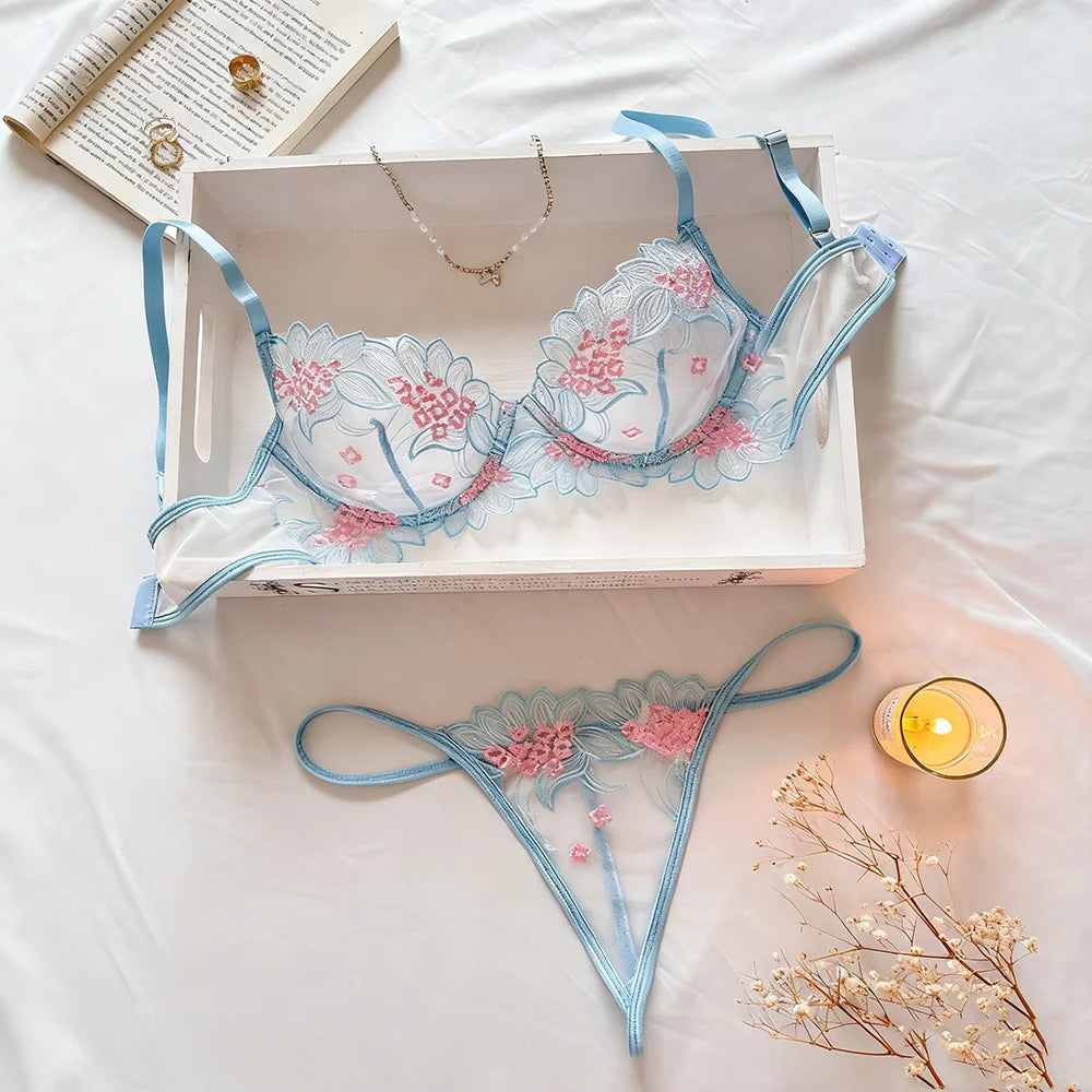 Hot Sale Women's Nightrobe Exotic Lace Bra Brief Set Bow Collar Sexy Floral Print Lingerie Sleeveless Plus for Summer
