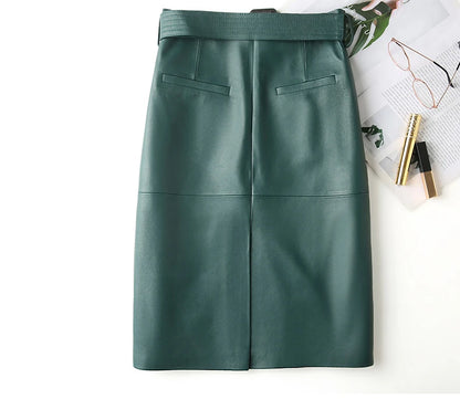 Women Lace-up Genuine Leather Skirt Female Winter Pure Sheep Skin Knee Length Saias With Belt Feminina Neat Stitches Wrap Jupe