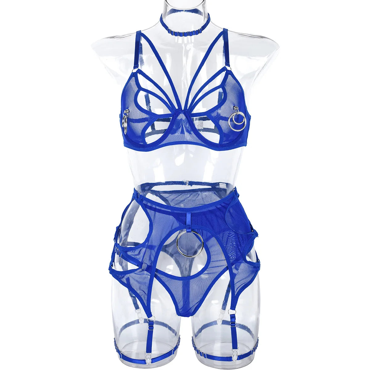 High Quality Sexy Tulle Sheer High Waist Bra and Panty Sets Hollow Out Lace Breathable Mental Ring Steel Erotic Lingerie Women