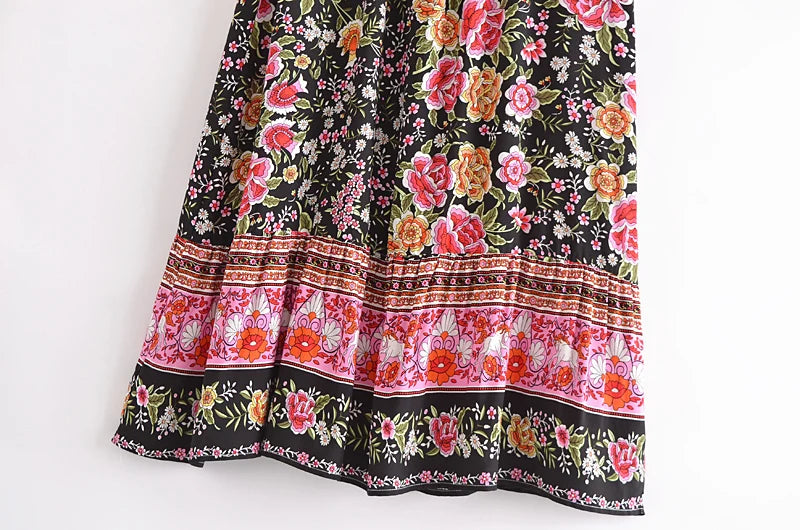 Vintage Summer Fashion Women Floral Print Beach Bohemian Pleated Skirt Beachwear Lady High Waist A-Line Rayon Boho Maxi Skirts