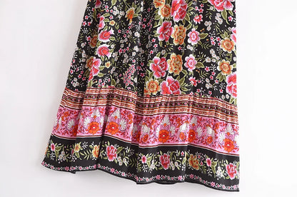 Vintage Summer Fashion Women Floral Print Beach Bohemian Pleated Skirt Beachwear Lady High Waist A-Line Rayon Boho Maxi Skirts