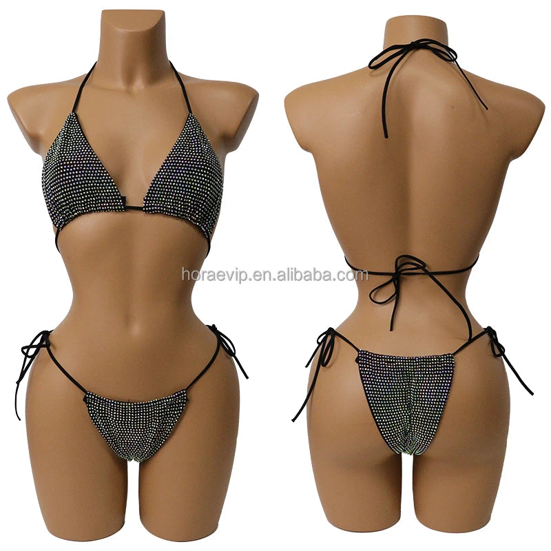 S573 Factory Supply Full Rhinestone Swimwear Swimsuit Two Pieces Sexy Bikini Neon Green Crystal Swimming Bathing Suit for Girl
