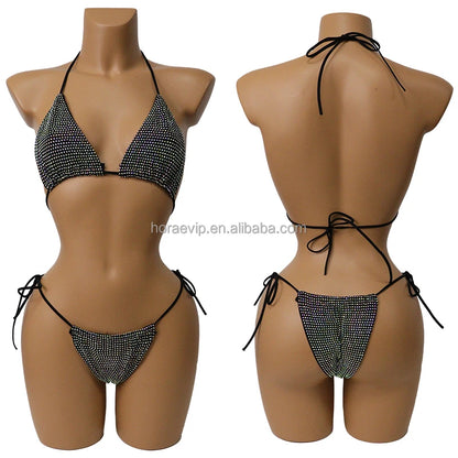 S573 Factory Supply Full Rhinestone Swimwear Swimsuit Two Pieces Sexy Bikini Neon Green Crystal Swimming Bathing Suit for Girl