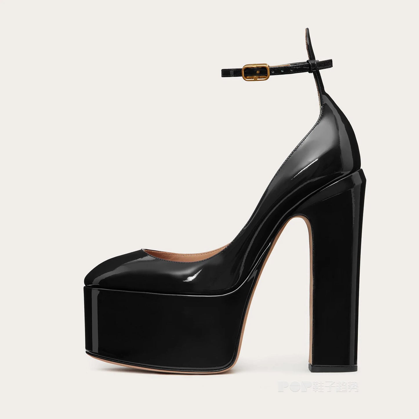 Fashionable Sexy Sapato De Salto Shiny Leather Thick Sole High Chunky Closed Toe Platform Heels