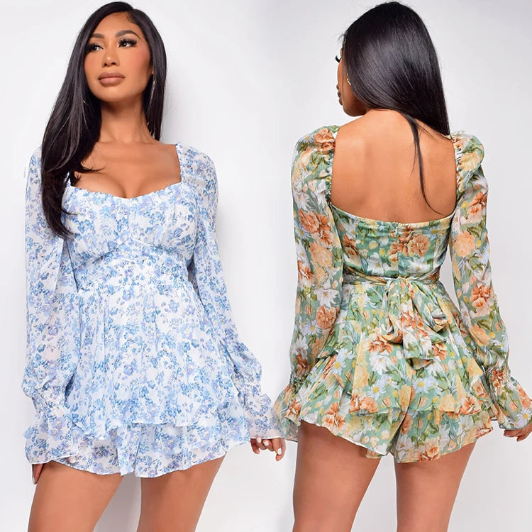 2026 Fashion Floral Jumpsuit With Lantern Sleeve Ruffle Shorts Summer Sexy Backless Women's Dress Square Collar Mini Dress