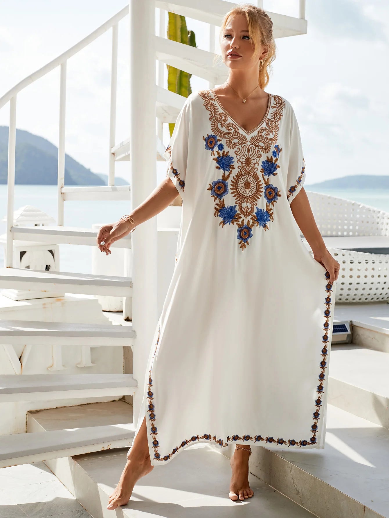 Beautiful Floral Print White Rayon Kaftan Dress V-Neck 3-Piece Set for Holiday Beach Wear