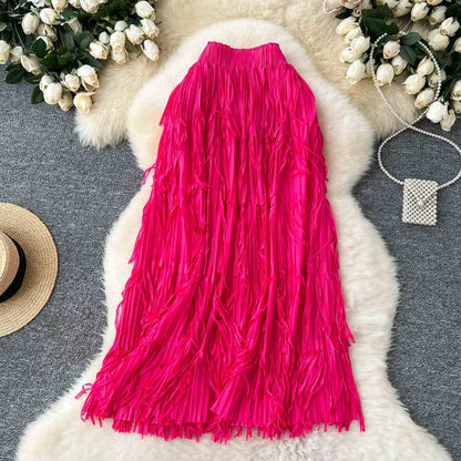 Spring Pleated Tassel Skirt Women Elegant High Waist Office Lady Skirts