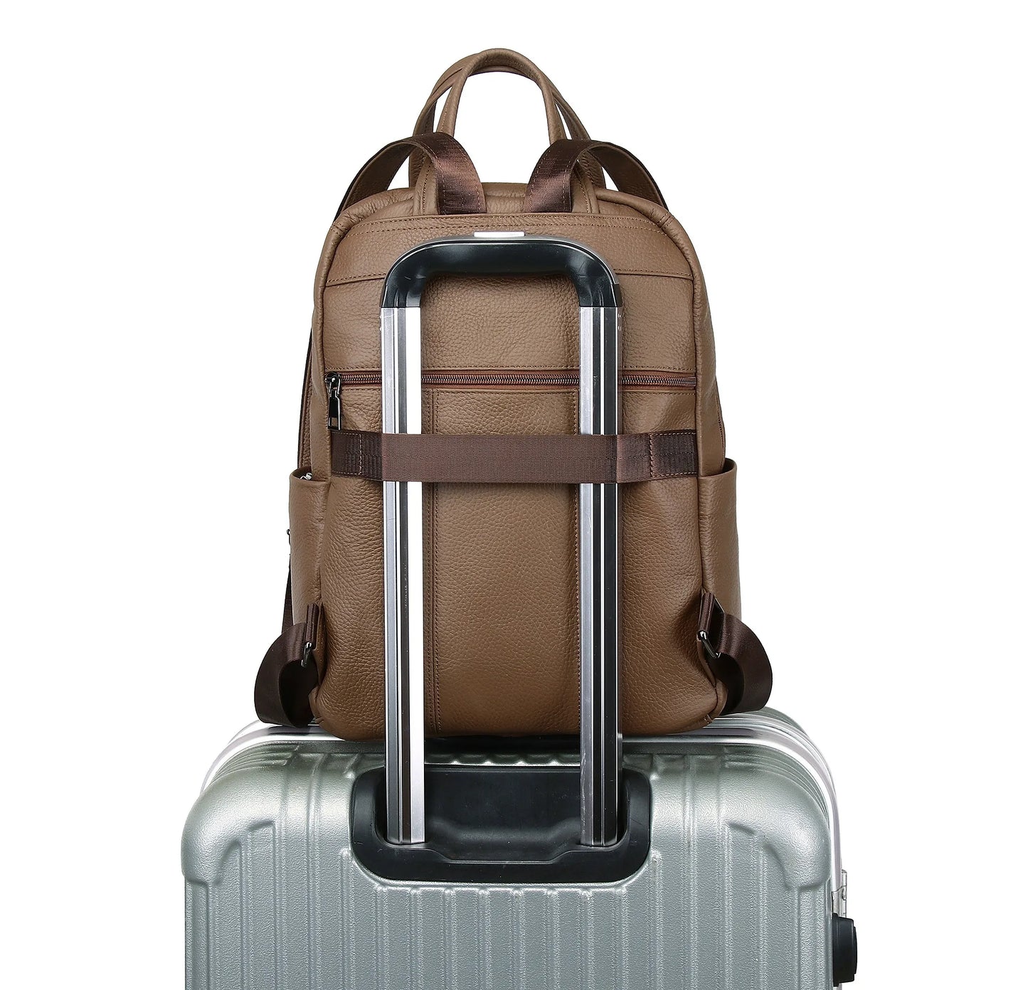 Large Capacity Genuine Leather Business & Travel Backpack with 13" Laptop Compartment England Style Unisex Design Zipper Closure