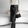 Enyami Women's Bodycon Long Front Slit Black Apricot Ladies Elegant Office Mid-length High Waist Ruched PU Skirt
