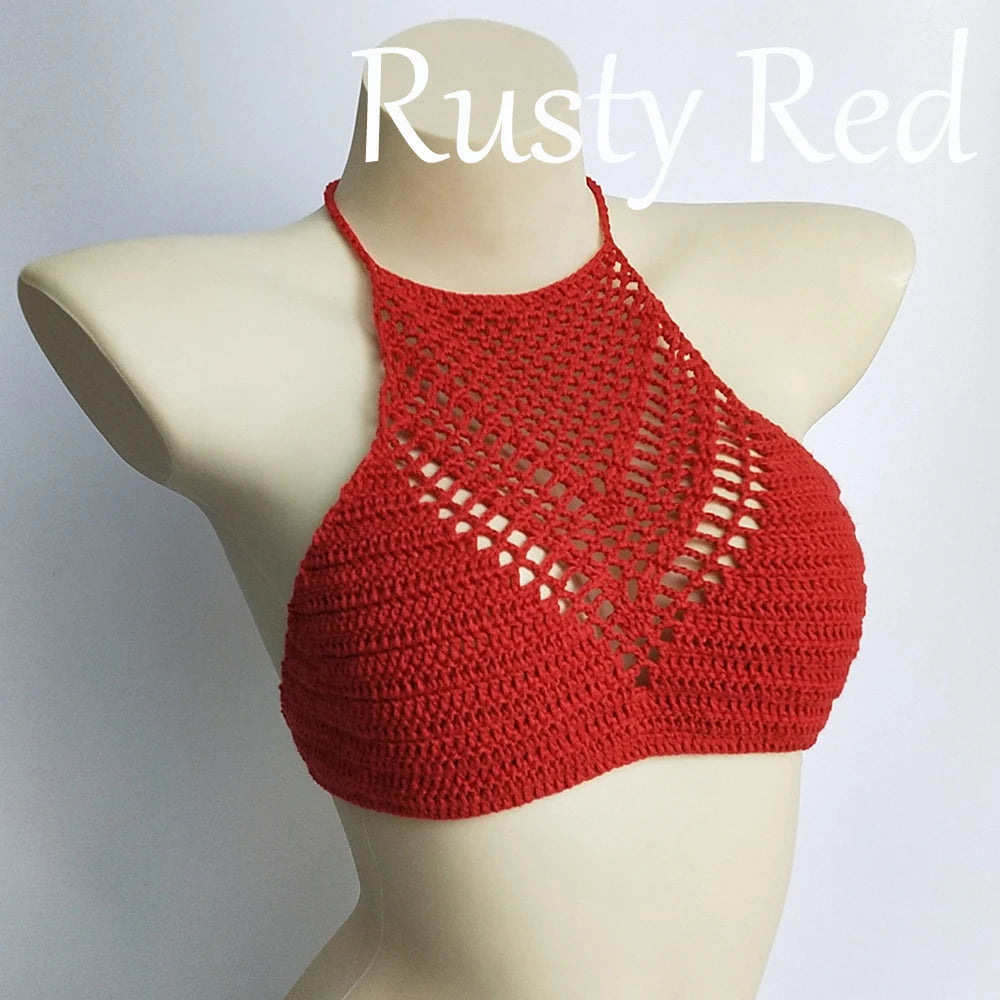 Women Sexy Bikini Tops High Neck Hollow Out Halter Swimwear Crochet Separate Swimsuit Bikini Bra Hot Sale