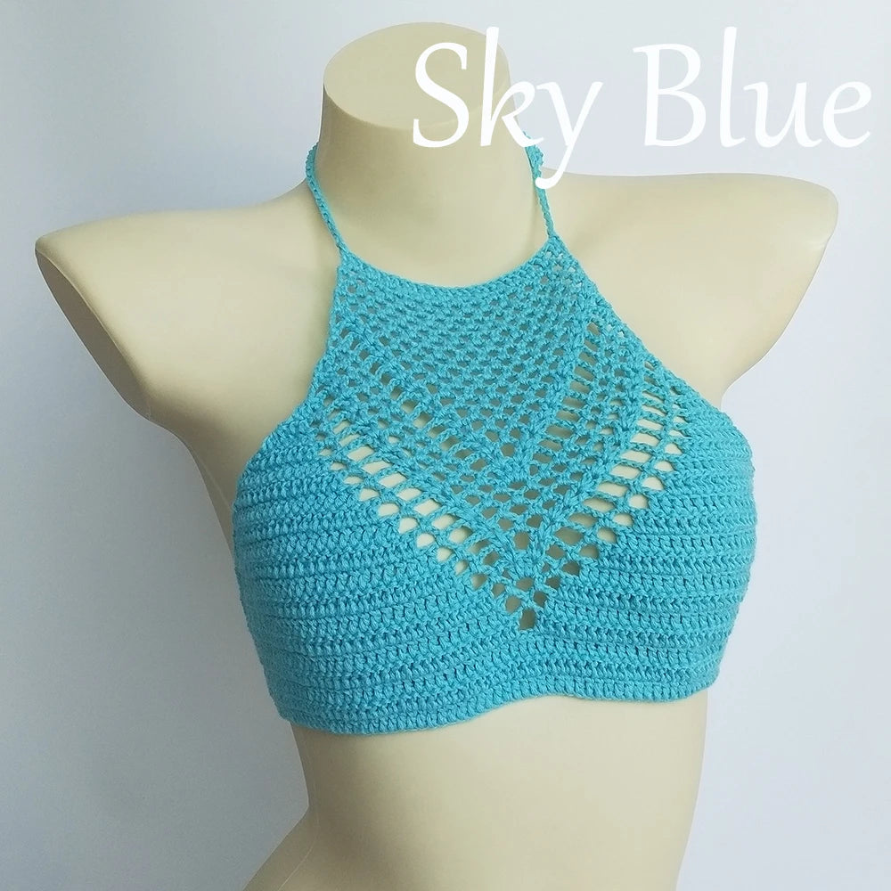 Women Sexy Bikini Tops High Neck Hollow Out Halter Swimwear Crochet Separate Swimsuit Bikini Bra Hot Sale
