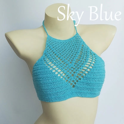 Women Sexy Bikini Tops High Neck Hollow Out Halter Swimwear Crochet Separate Swimsuit Bikini Bra Hot Sale