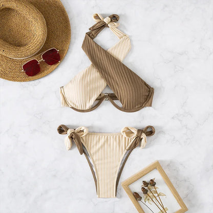 Sexy Drawstring Bandage Bikini Set 2025 Swimwear Women Two Pieces Swimsuit Cross Halter Push up Bikinis Beach Wear Bathing Suit