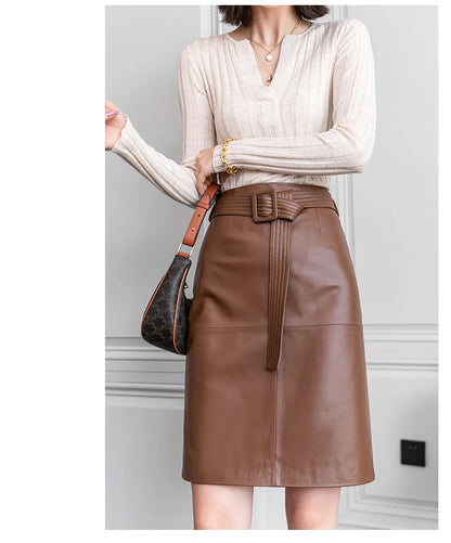 Women Lace-up Genuine Leather Skirt Female Winter Pure Sheep Skin Knee Length Saias With Belt Feminina Neat Stitches Wrap Jupe