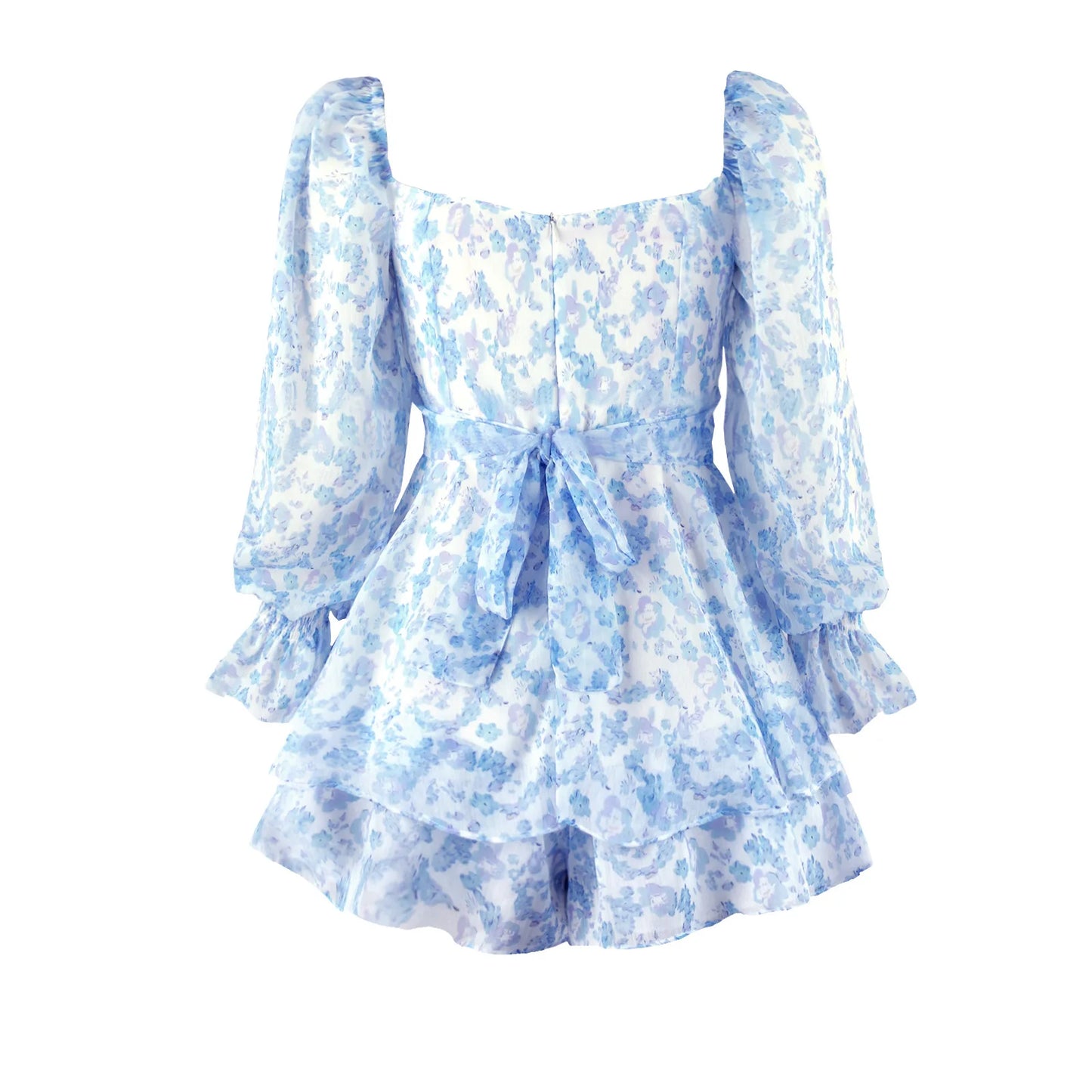 2026 Fashion Floral Jumpsuit With Lantern Sleeve Ruffle Shorts Summer Sexy Backless Women's Dress Square Collar Mini Dress