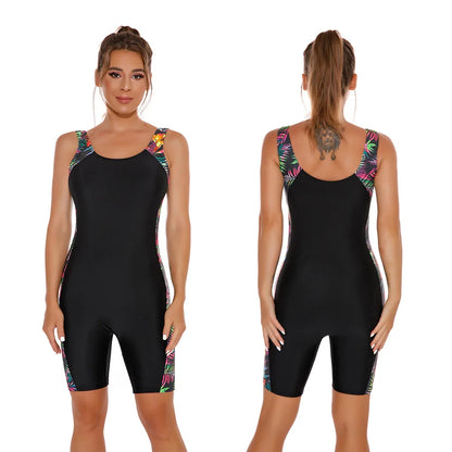 Backless Quick-dry One-piece Swimsuits Long-knee Belly-covering Slim-fitting Sports Boxer Swimsuits for Women Surfing Swimming