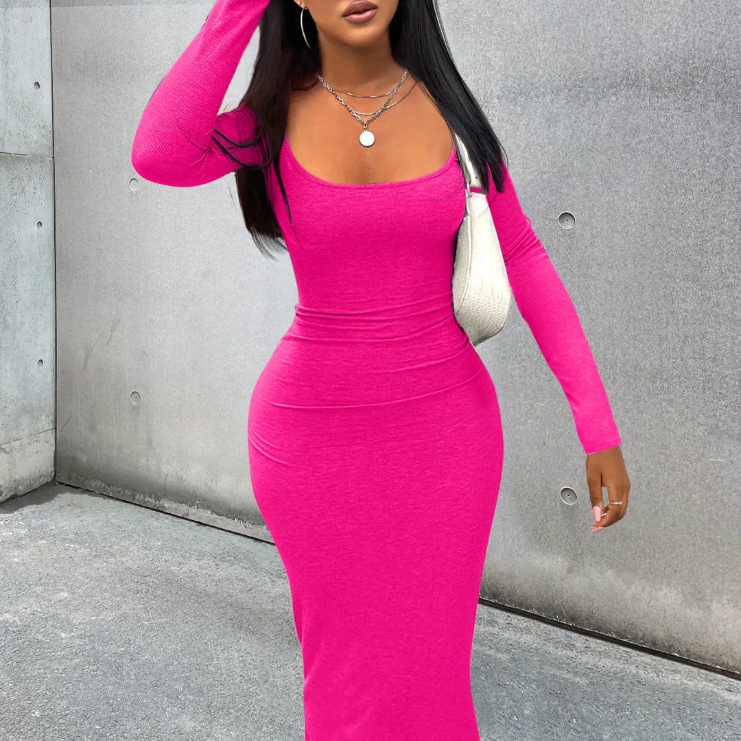 Women Long Dresses With Long Sleeve Ribbed Square Neck Dress Spring Party Club Xs Maxi Bodycon Dress