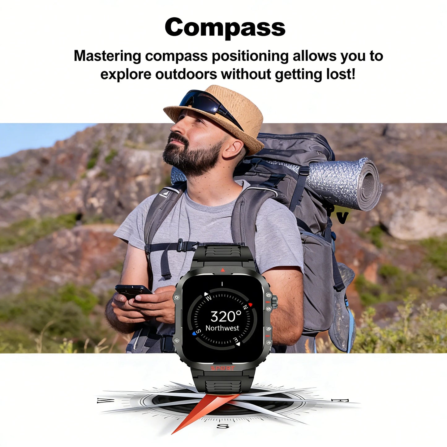 2026 H08 2.01-Inch Smart Watch Flashlight 3 ATM Heart Rate Blood Oxygen Monitor Sleep Tracker Unisex Outdoor Sports IP67 AMOLED
