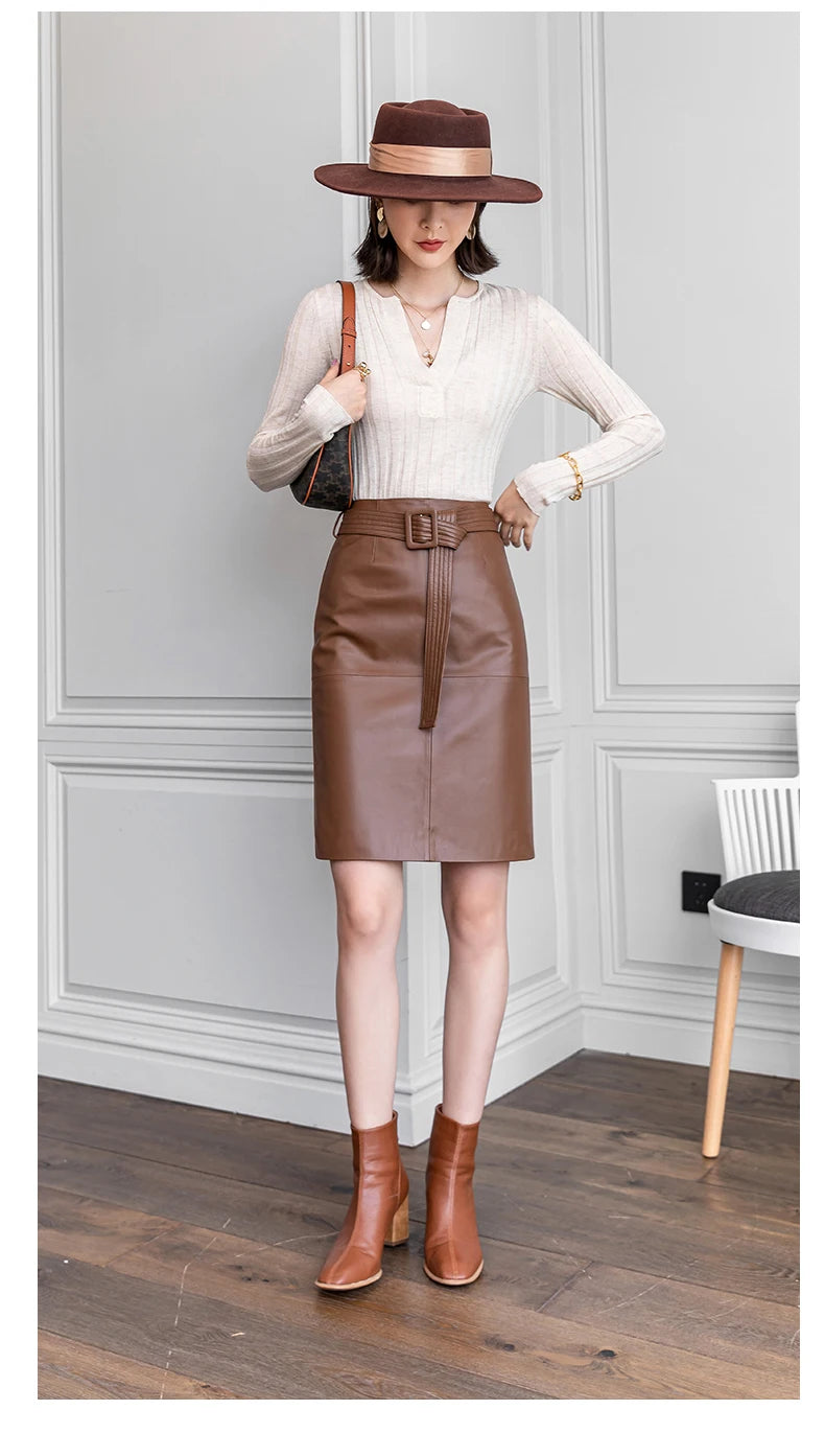 Women Lace-up Genuine Leather Skirt Female Winter Pure Sheep Skin Knee Length Saias With Belt Feminina Neat Stitches Wrap Jupe