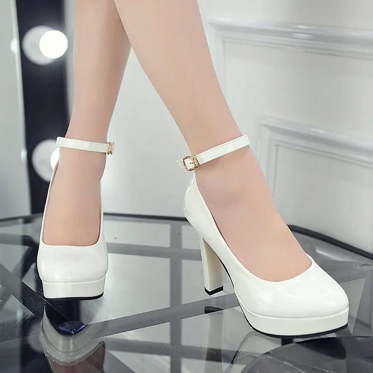 Thick Heel Super High (8cm+) Rubber Outsole Solid Pattern Breathable Bridal Shoes with Buckle Strap