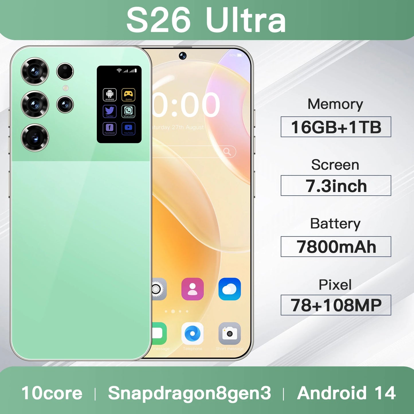 S26 Ultra Android Smartphone 7.3 Inch 16+1TB Big Screen 108MP Rear Camera Unlocked LTE Cellular Mobile Phones