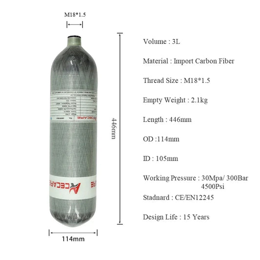Acecare 3L CE Carbon Fiber Scuba Tank Aluminum Liner Composite Gas Cylinder for Diving and Fire Fighting