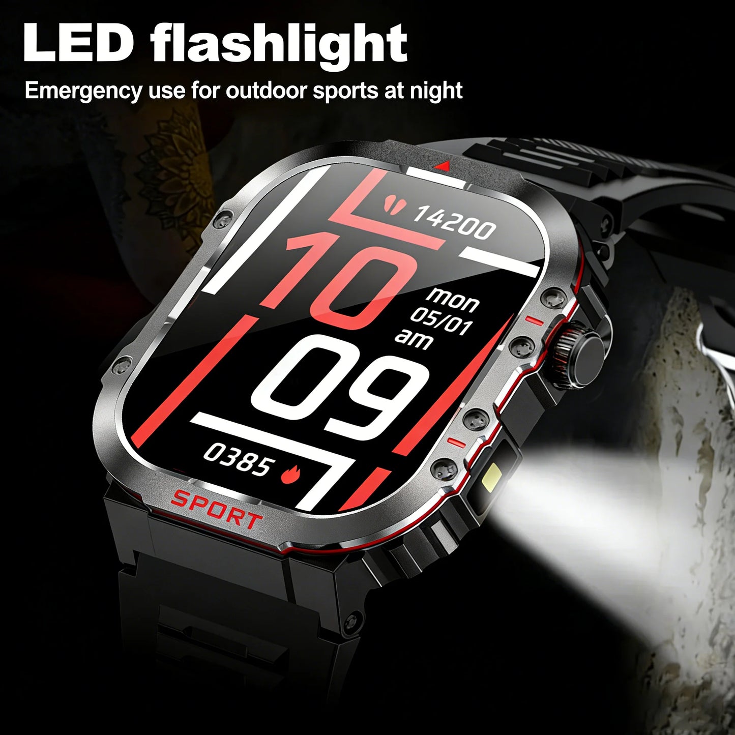 2026 H08 2.01-Inch Smart Watch Flashlight 3 ATM Heart Rate Blood Oxygen Monitor Sleep Tracker Unisex Outdoor Sports IP67 AMOLED