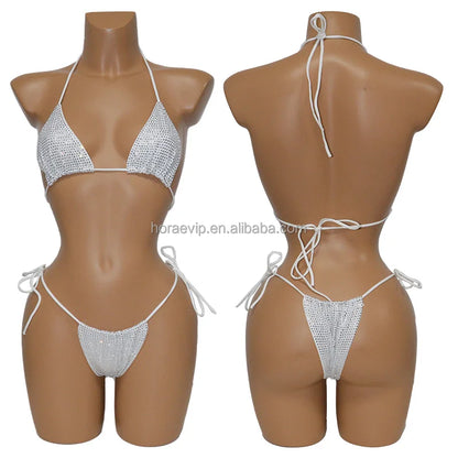 S573 Factory Supply Full Rhinestone Swimwear Swimsuit Two Pieces Sexy Bikini Neon Green Crystal Swimming Bathing Suit for Girl
