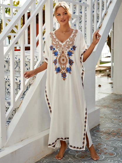 Beautiful Floral Print White Rayon Kaftan Dress V-Neck 3-Piece Set for Holiday Beach Wear