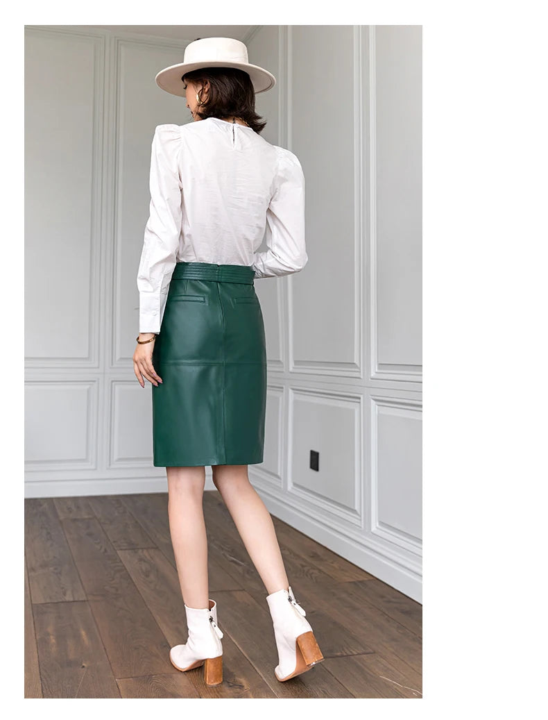 Women Lace-up Genuine Leather Skirt Female Winter Pure Sheep Skin Knee Length Saias With Belt Feminina Neat Stitches Wrap Jupe