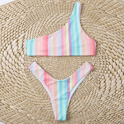 New Style Two Piece Women Beach Wear High Waist Thong Bikini Set Rainbow Swimwear Beachwear
