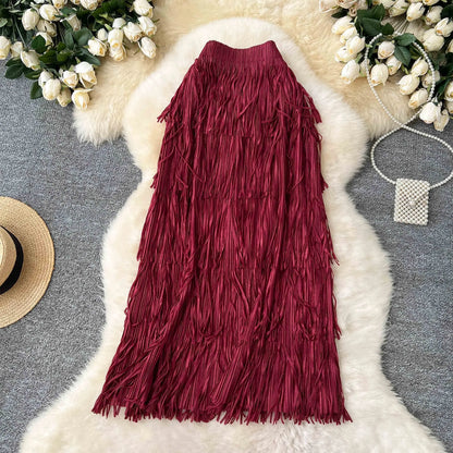 Spring Pleated Tassel Skirt Women Elegant High Waist Office Lady Skirts