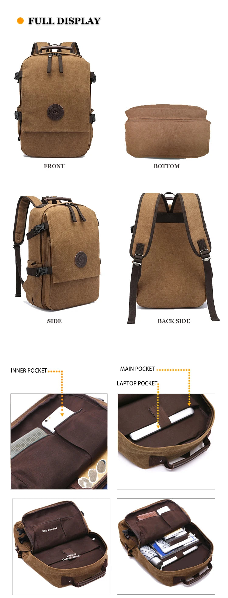 Durable Vintage Custom logo Canvas Laptop Backpack Bag Men Women Rucksack Bookbags School Backpack