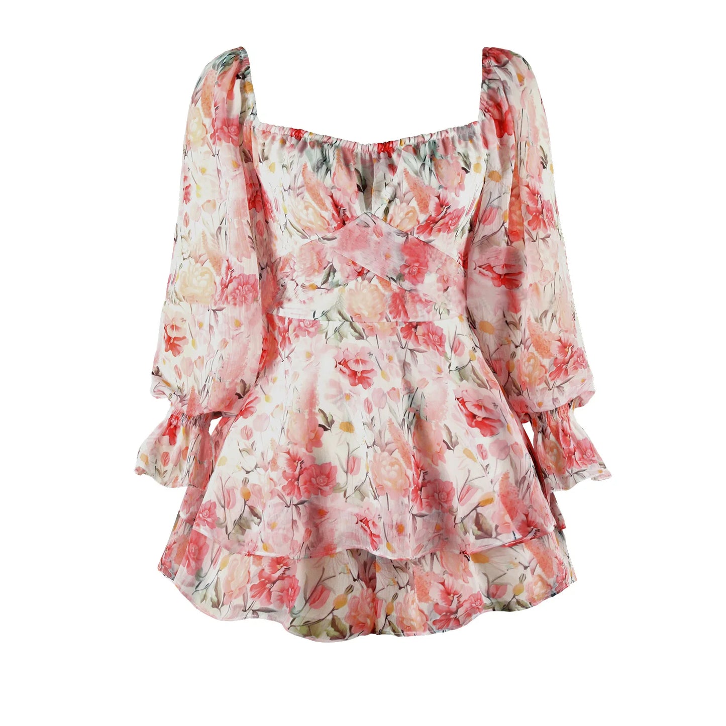 2026 Fashion Floral Jumpsuit With Lantern Sleeve Ruffle Shorts Summer Sexy Backless Women's Dress Square Collar Mini Dress