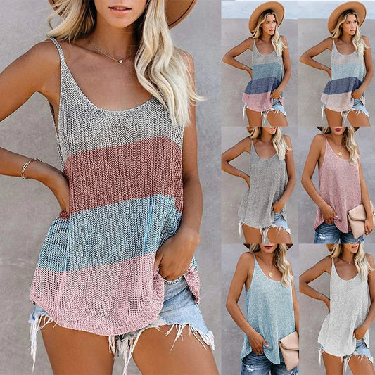 Color Block V Neck Womens Shirts and Tank Tops Knitted Vest Tops Sleeveless Women Blouse Custom Logo 2022 Spring Sexy Lady Top