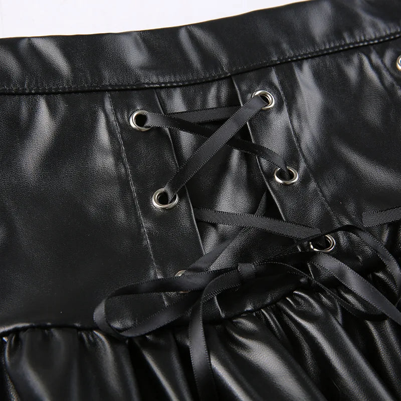 AltGoth Mall Goth Punk PU Skirt Women Dark Gothic Vintage Bandage High Waist Lolita Skirt Harajuku Streetwear Emo Alt Clubwear