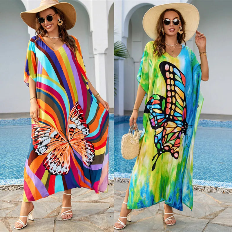 Xuanlang New 2colors Casual Colourful Stripe Beach Wear Viscose Beach Cover up and Swimwear Coverups for Women