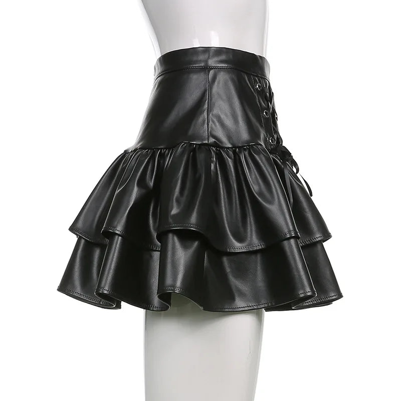 AltGoth Mall Goth Punk PU Skirt Women Dark Gothic Vintage Bandage High Waist Lolita Skirt Harajuku Streetwear Emo Alt Clubwear