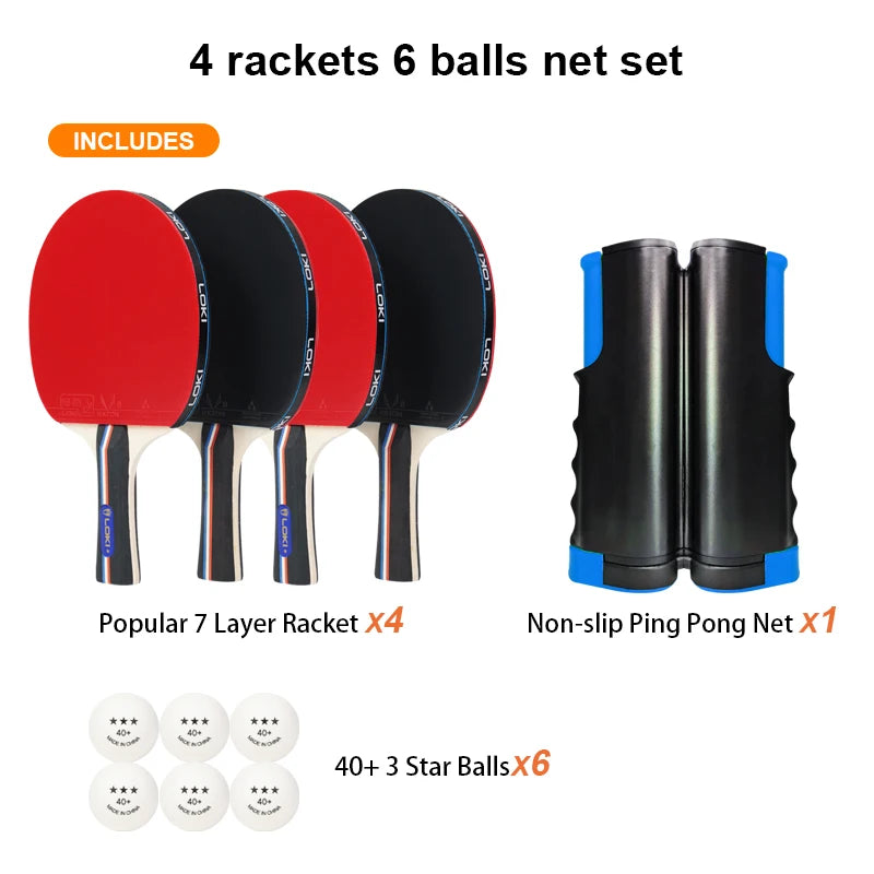 Loki 7 Ply Pingpong Paddle Set Wholesale 4 Bats 6 Balls Table Tennis Racket Set for Outdoor Games