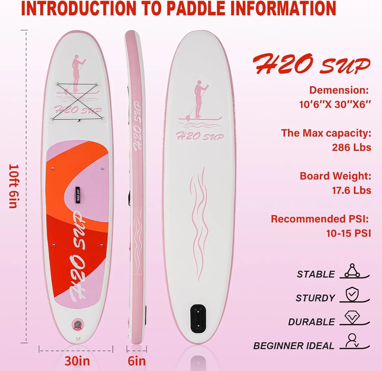 Stock H2O 10'6'' Portable Inflatable Stand Paddle Board (SUP) CE Certified 150kg Max Weight Standard Accessories Water Sports