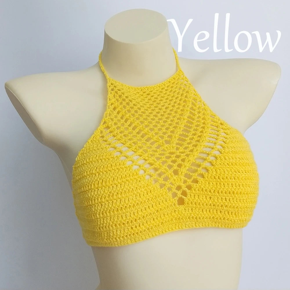 Women Sexy Bikini Tops High Neck Hollow Out Halter Swimwear Crochet Separate Swimsuit Bikini Bra Hot Sale