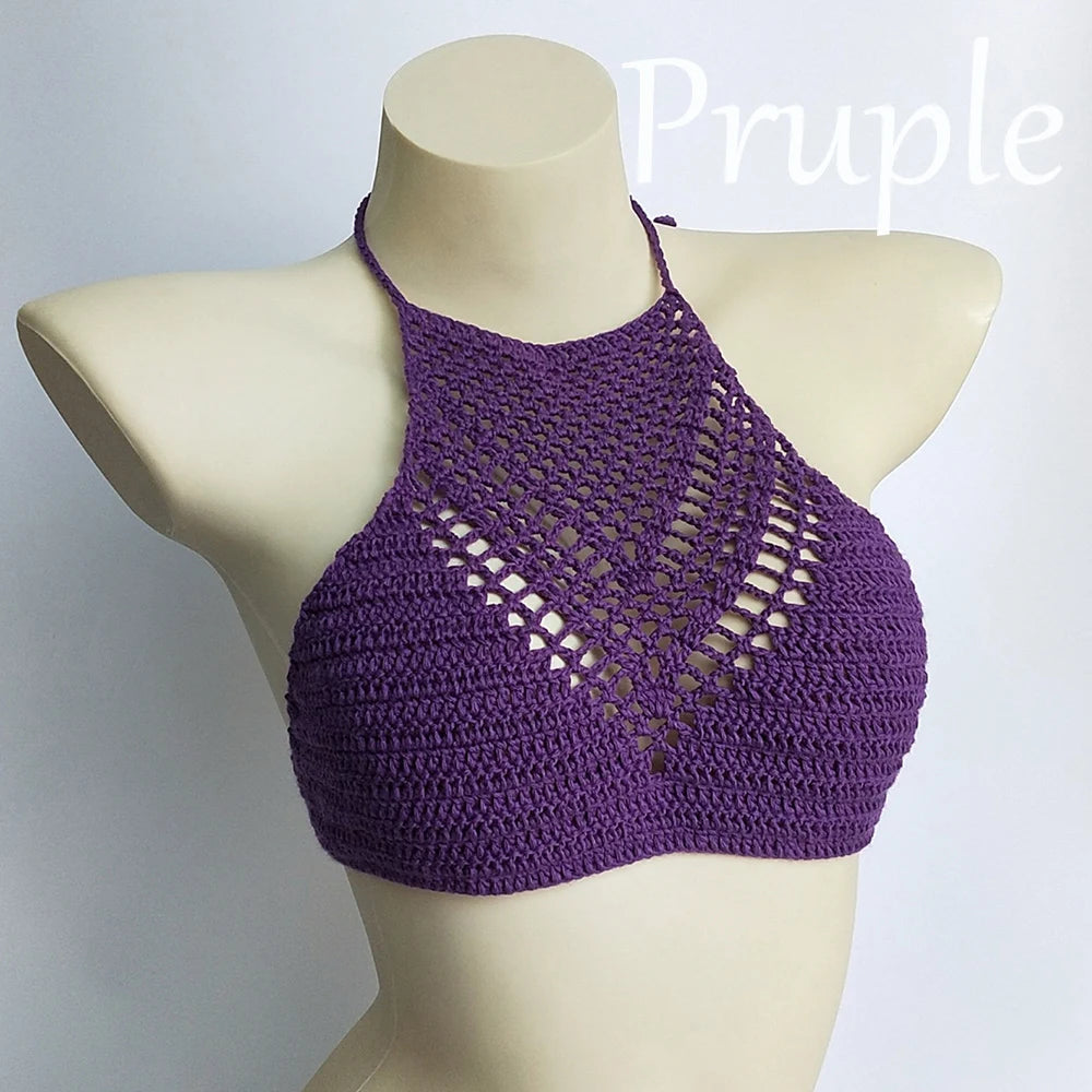 Women Sexy Bikini Tops High Neck Hollow Out Halter Swimwear Crochet Separate Swimsuit Bikini Bra Hot Sale