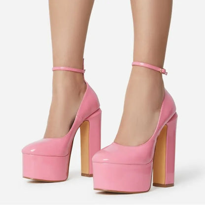 Fashion Thick Sole Pumps Block High Heel Round Toe Ankle Strap Women Dress Shoes Platform Patent Big Size 43