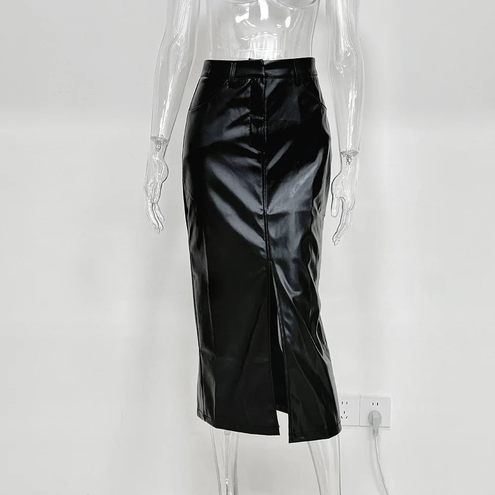 Enyami Women's Bodycon Long Front Slit Black Apricot Ladies Elegant Office Mid-length High Waist Ruched PU Skirt