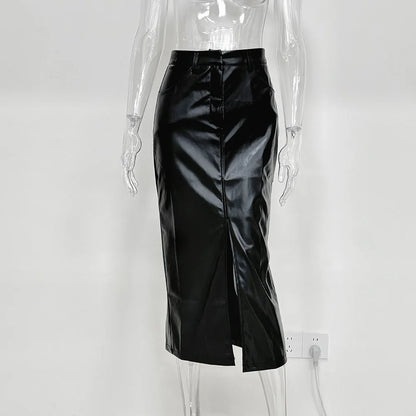 Enyami Women's Bodycon Long Front Slit Black Apricot Ladies Elegant Office Mid-length High Waist Ruched PU Skirt
