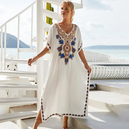 Beautiful Floral Print White Rayon Kaftan Dress V-Neck 3-Piece Set for Holiday Beach Wear