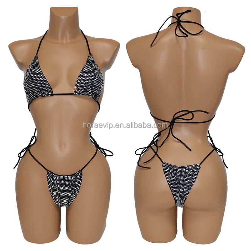 S573 Factory Supply Full Rhinestone Swimwear Swimsuit Two Pieces Sexy Bikini Neon Green Crystal Swimming Bathing Suit for Girl