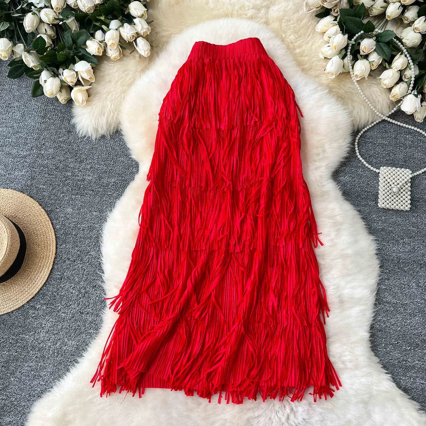 Spring Pleated Tassel Skirt Women Elegant High Waist Office Lady Skirts
