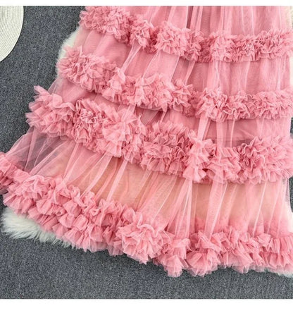 High Waist Slimming Mesh Skirt Elastic Band Over Knee Skirt Irregular Fungus Edge Super fairy Cake Skirt With Lining