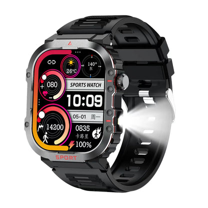 2026 H08 2.01-Inch Smart Watch Flashlight 3 ATM Heart Rate Blood Oxygen Monitor Sleep Tracker Unisex Outdoor Sports IP67 AMOLED